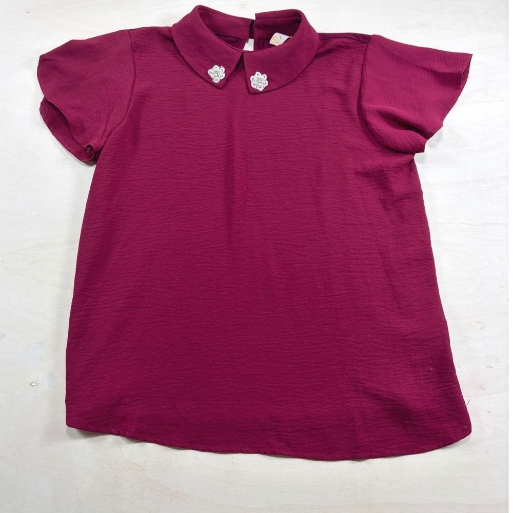 Misia Womens Burgundy Peter Pan Collar Blouse Rhinestone Floral Detail Size M